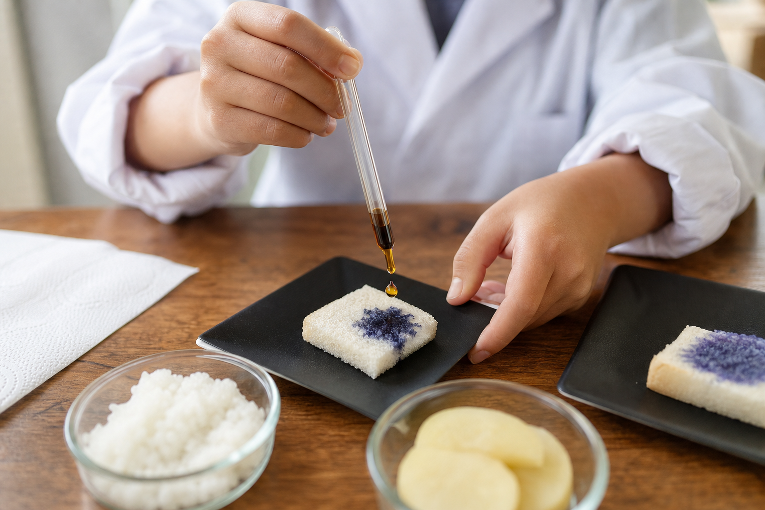 うがい薬（ヨウ素液）をパンに垂らし、でんぷん反応の青紫色を確認する子どもたちの手元