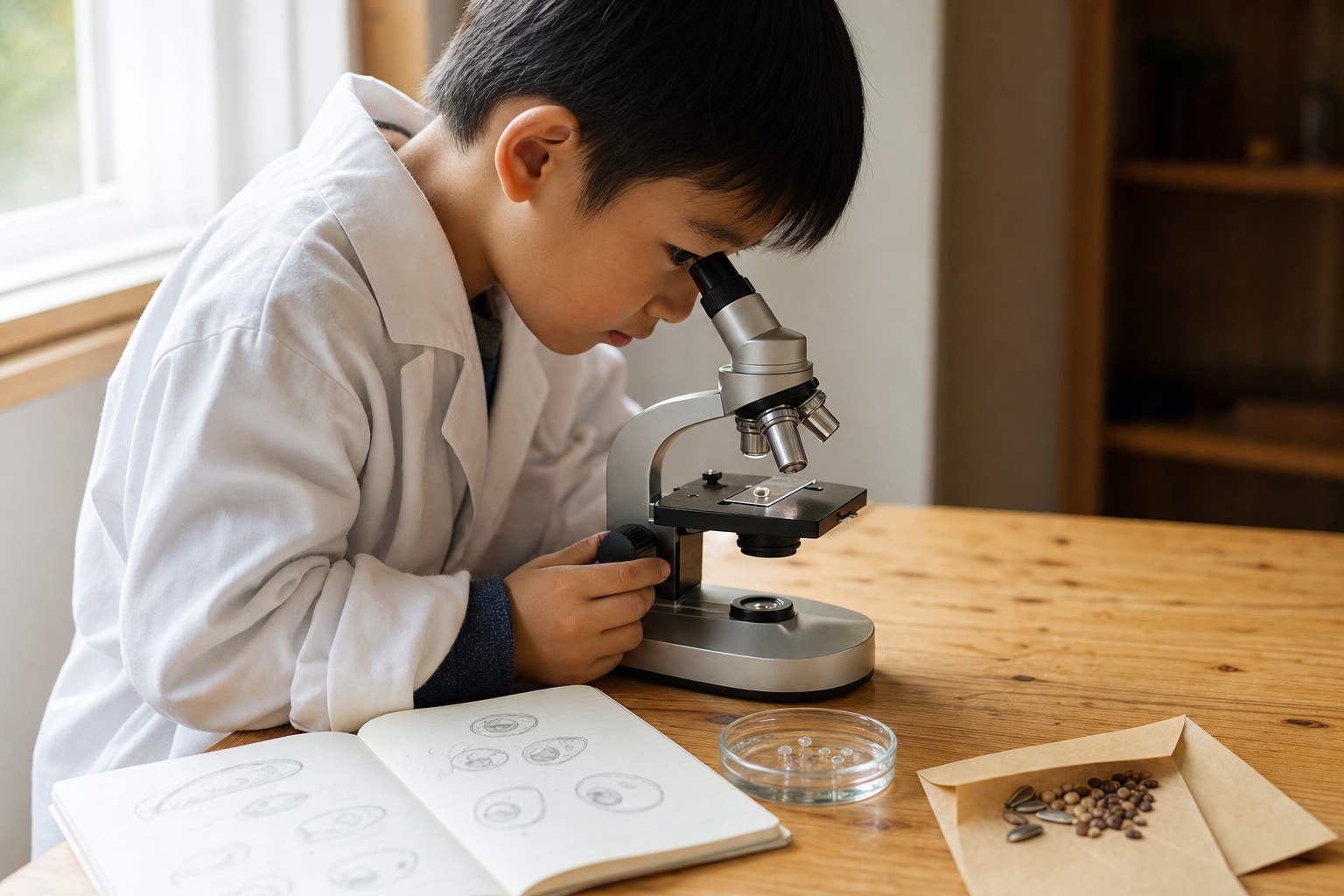 顕微鏡でメダカの卵を観察する白衣姿の男の子