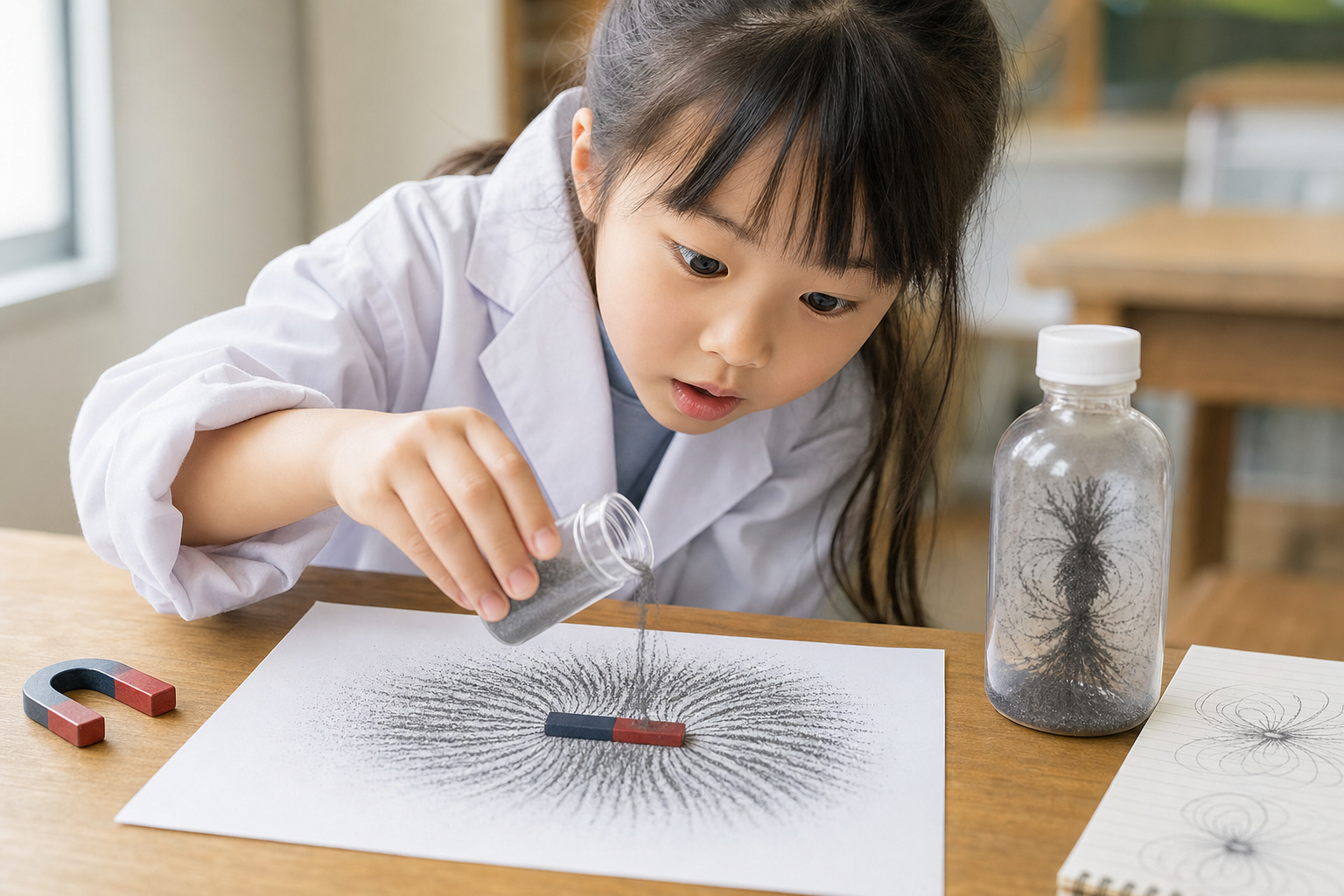 紙の上に砂鉄を落として磁力線を可視化する白衣姿の女の子
