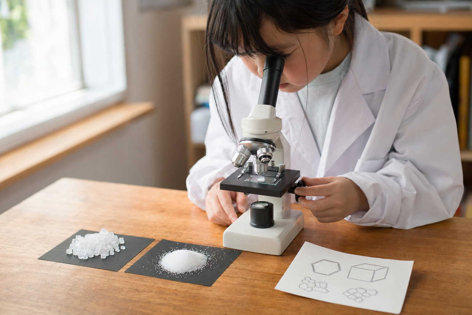 顕微鏡で塩と砂糖の結晶を比較する白衣姿の女の子