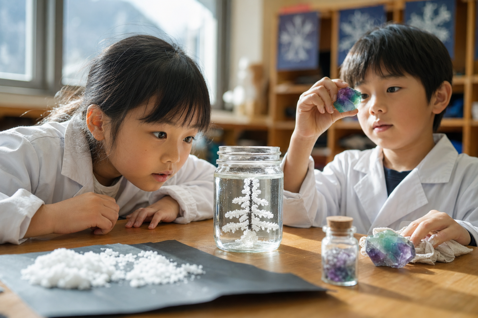 千歳烏山校で再結晶のスノーフラワーを観察するえすこーとラボの子どもたち