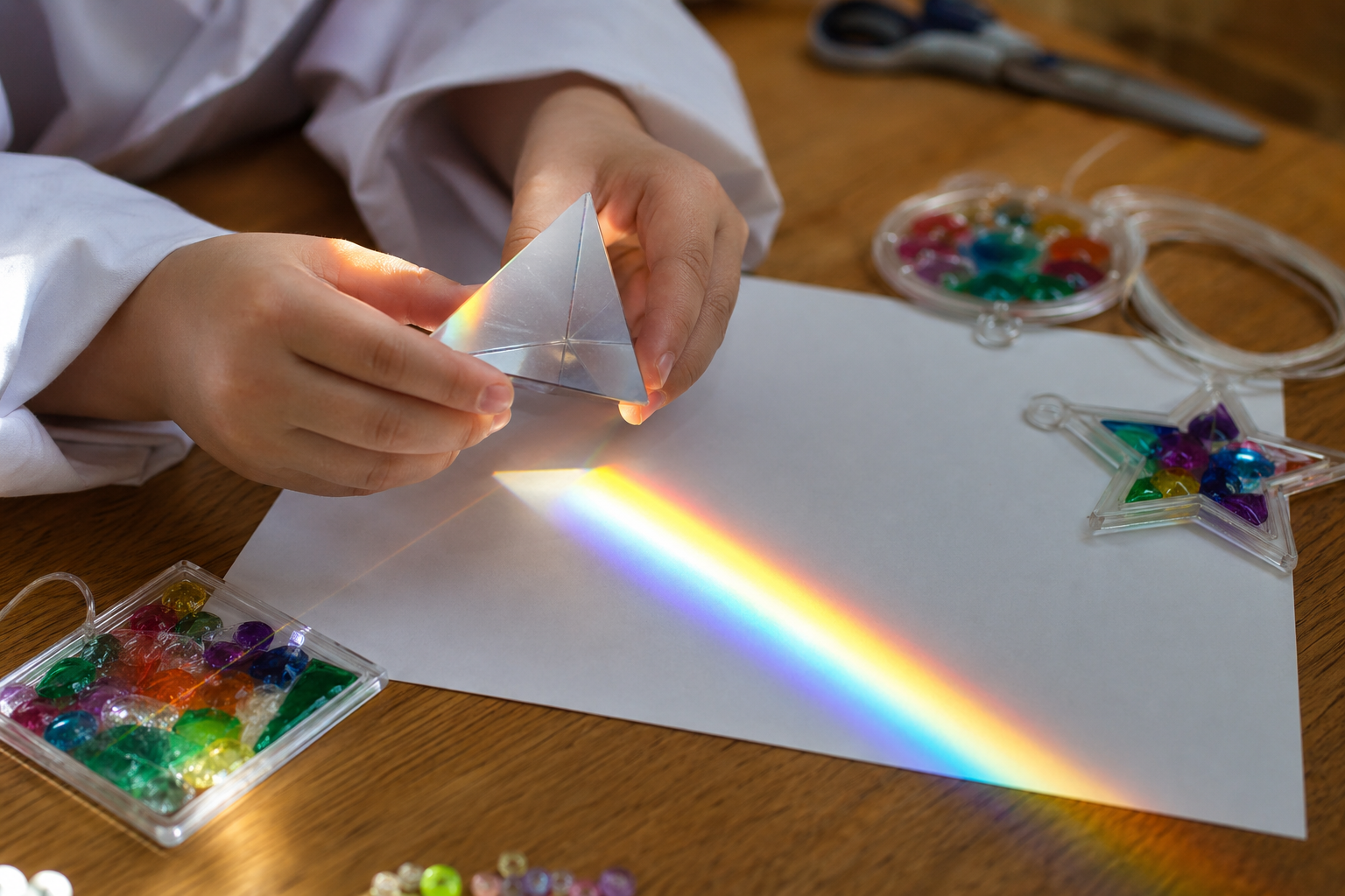 三角プリズムで虹をつくり、サンキャッチャーを作る白衣姿の子どもの手元