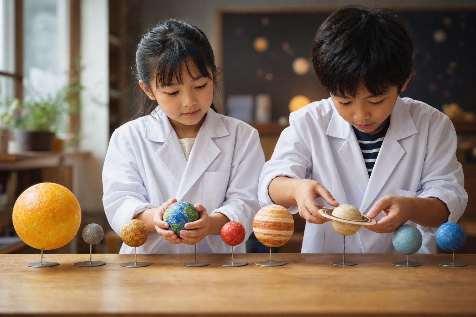 太陽系8惑星の模型を並べる白衣姿の子どもたち